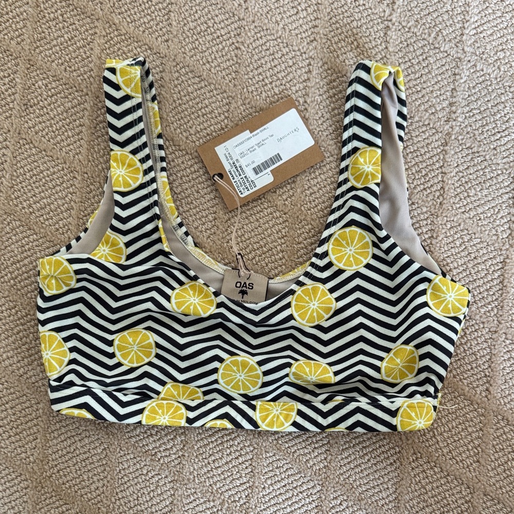 Lemon Print Black and Cream Chevron Bikini Top